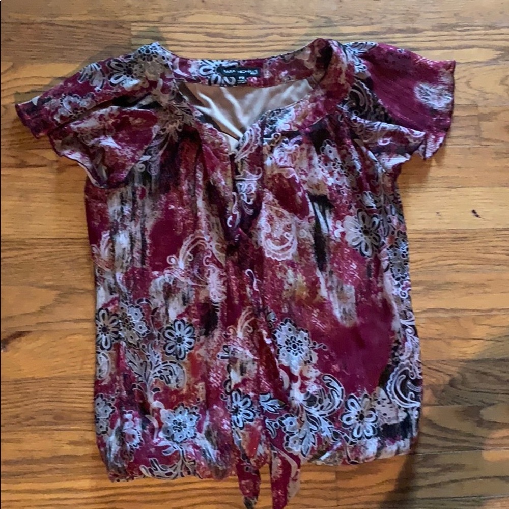 Maroon and black blouse with ties at the front
